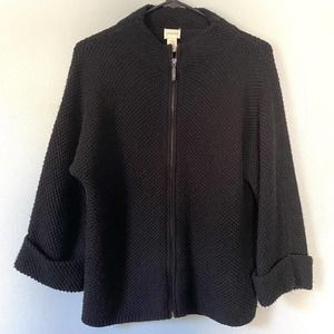 Chico Sweater Size O Small Black Waffle Knit Cardigan  3/4 Cuff Sleeves Full Zip